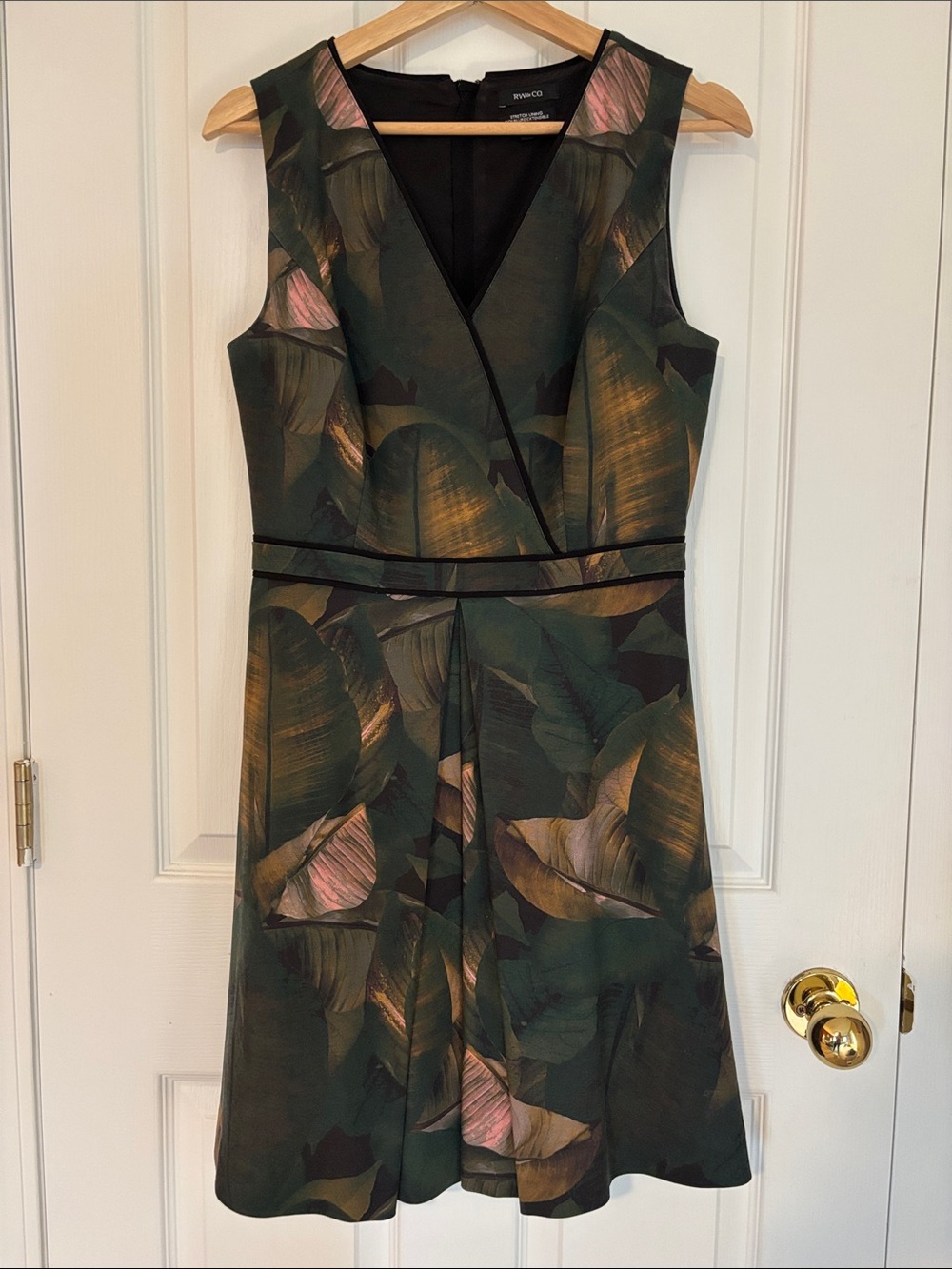 RW&Co Dark Green Botanical V-Neck Fit & Flare Dress with Pink Accents
